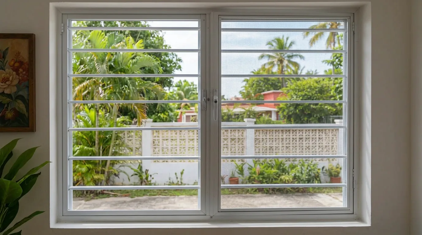 Screens blancos instalados en ventanas de seguridad con rejas en Puerto Rico